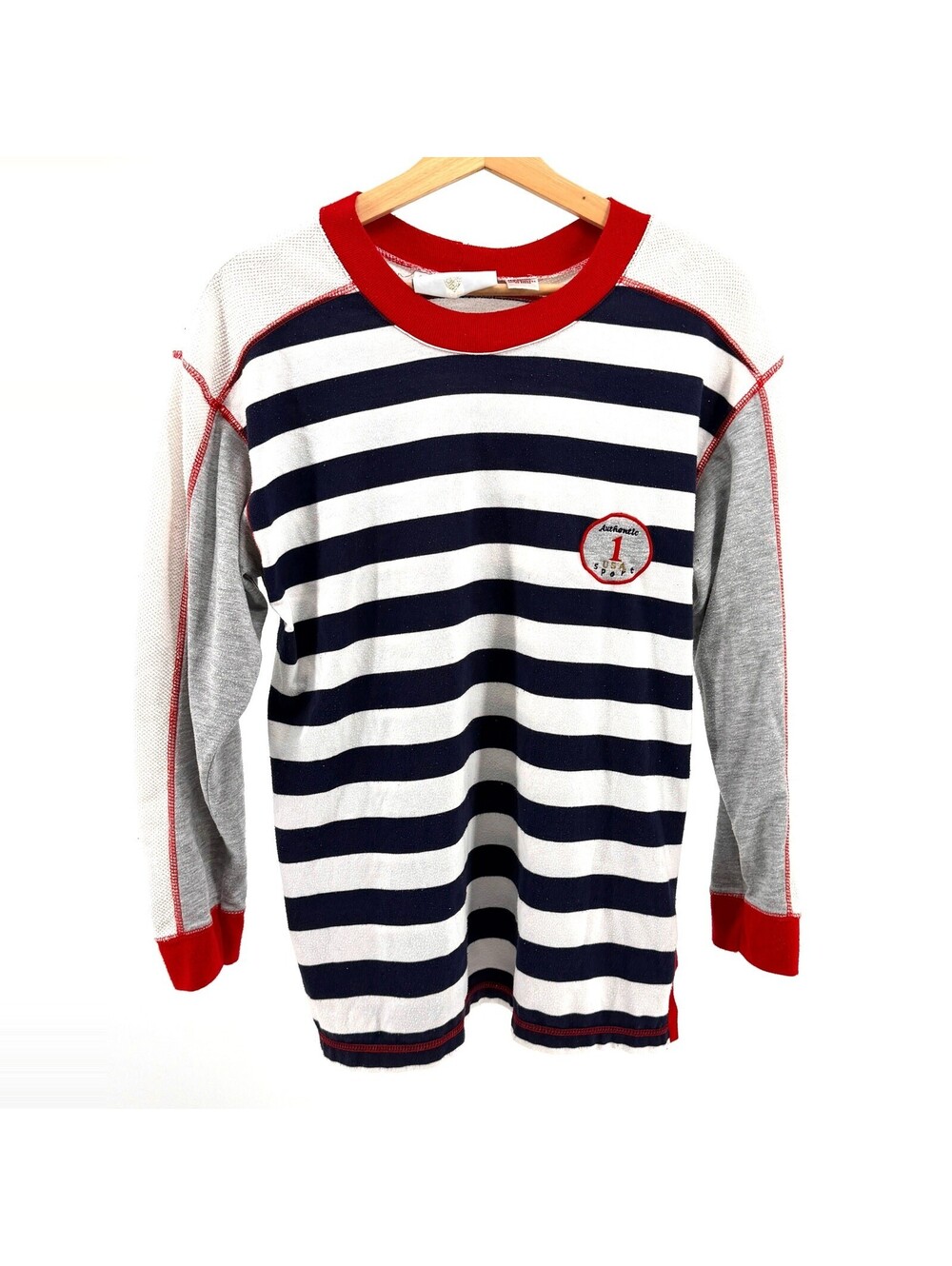Vintage 90s Folette Navy White Stripe Red Trim Long Sleeve Sport Shirt